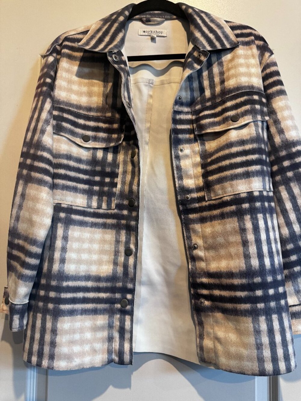 Workshop Plaid Longline Shacket Jacket XS Tan Cream Charcoal